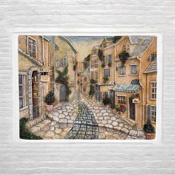 Realistic 3D Resin Wall Hanging, Cobblestone Street Village, 12" x 9.5" - Picture 1 of 15